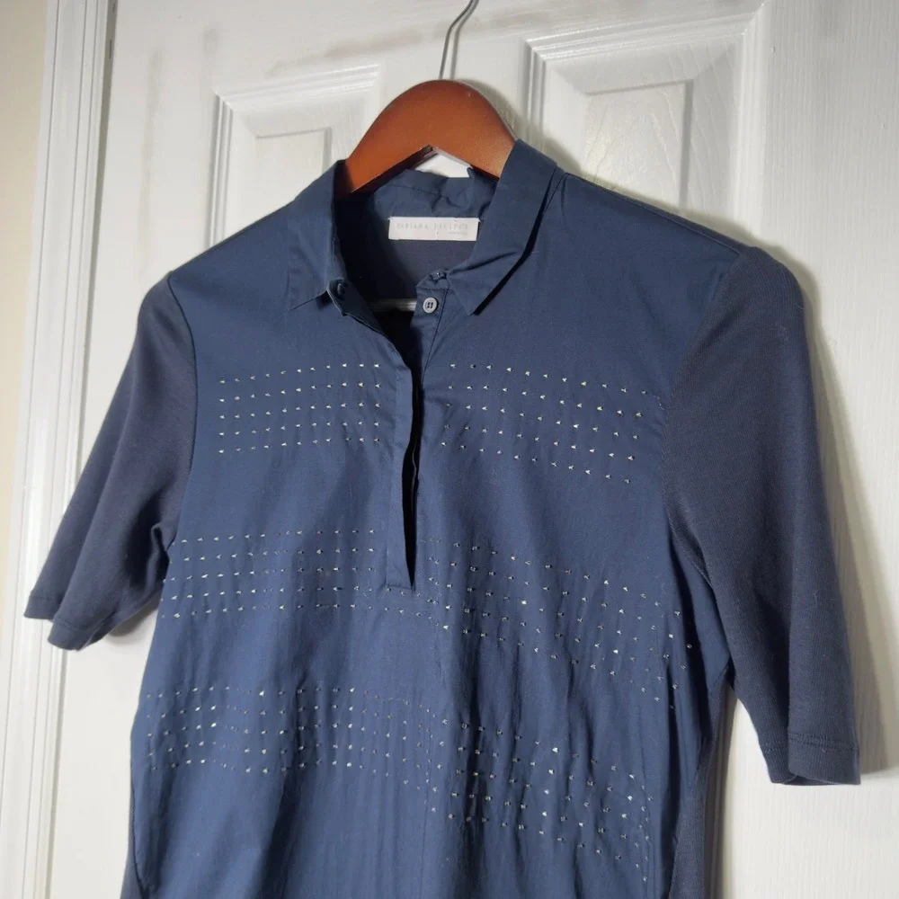 Fabiana Filippi Navy Beaded Short Sleeve Blouse Top Italy Size S